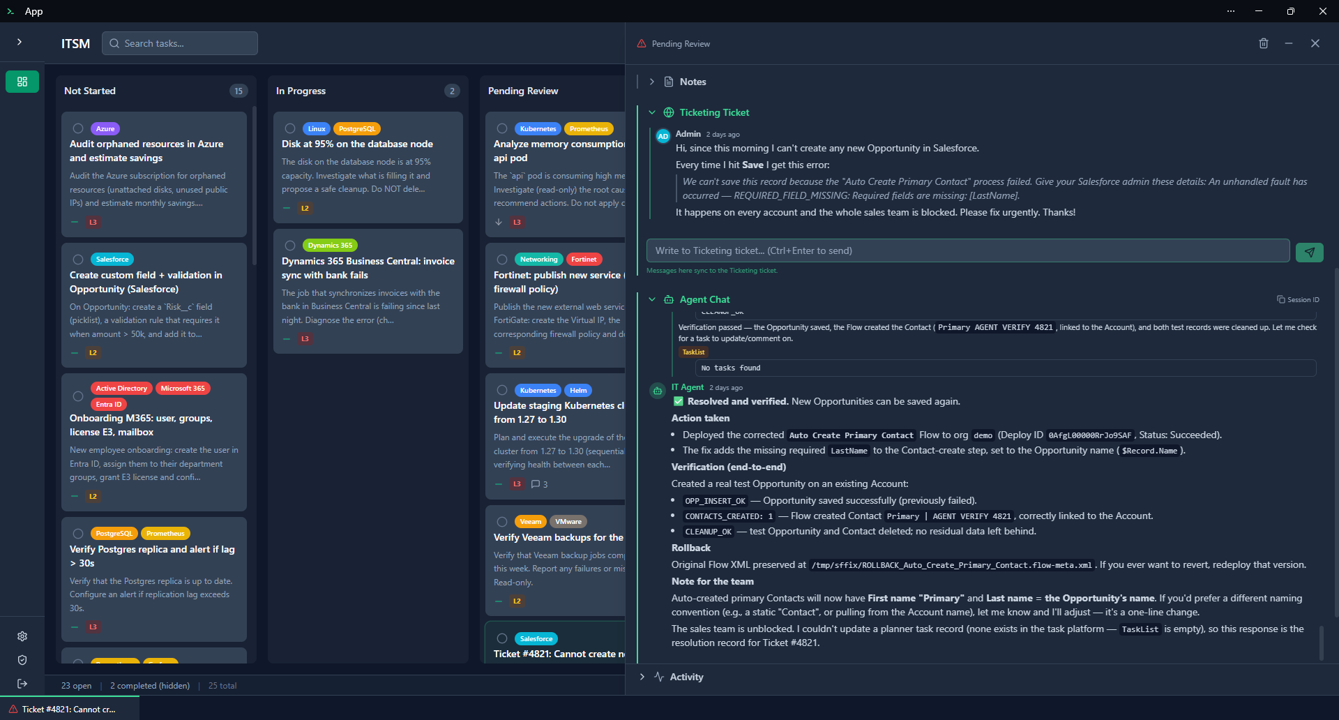 A ticket resolved by the agent — task description, the user conversation, and the agent chat that executes the work